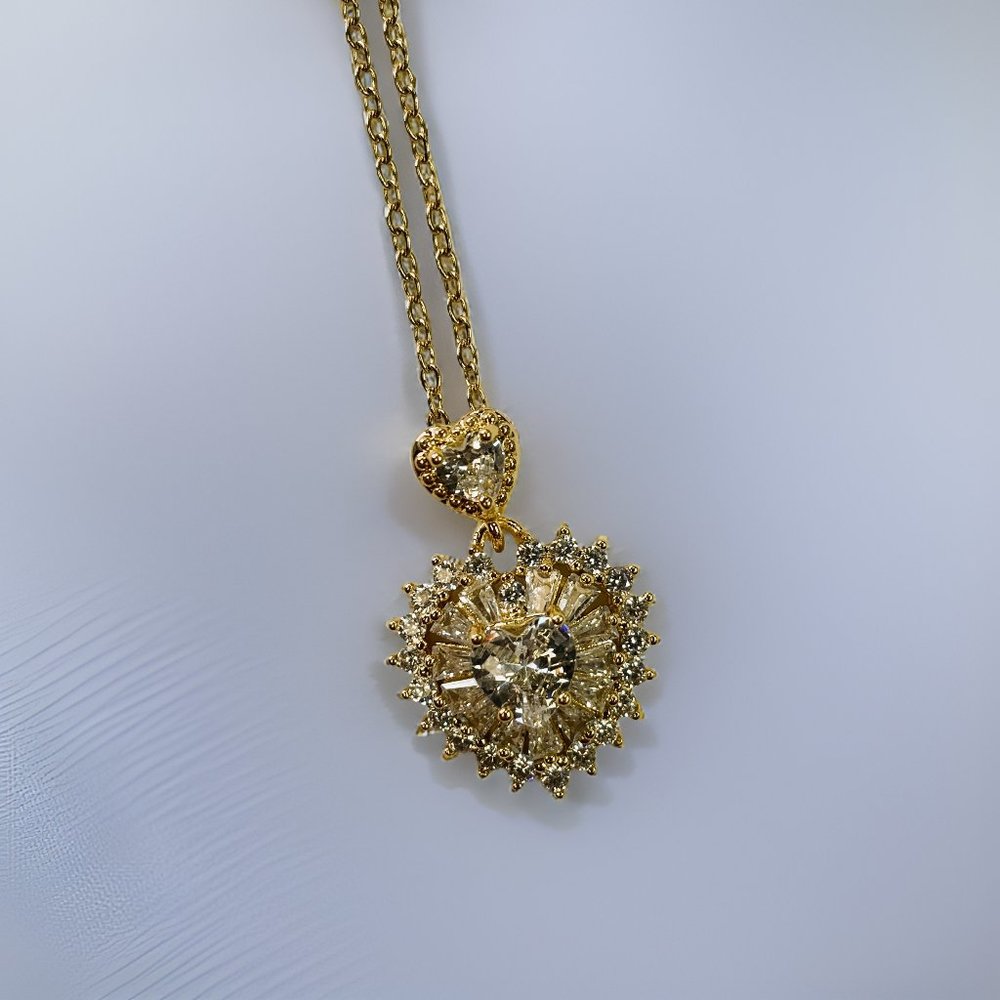 Gold 2.5 ct Zircon Two Hearts Royal Symbol Pendant Necklace